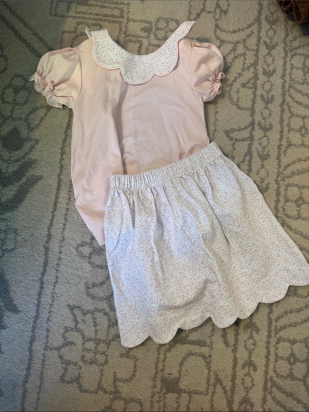 Little English Baby Pink Scalloped Collar Top & Floral Skirt Set